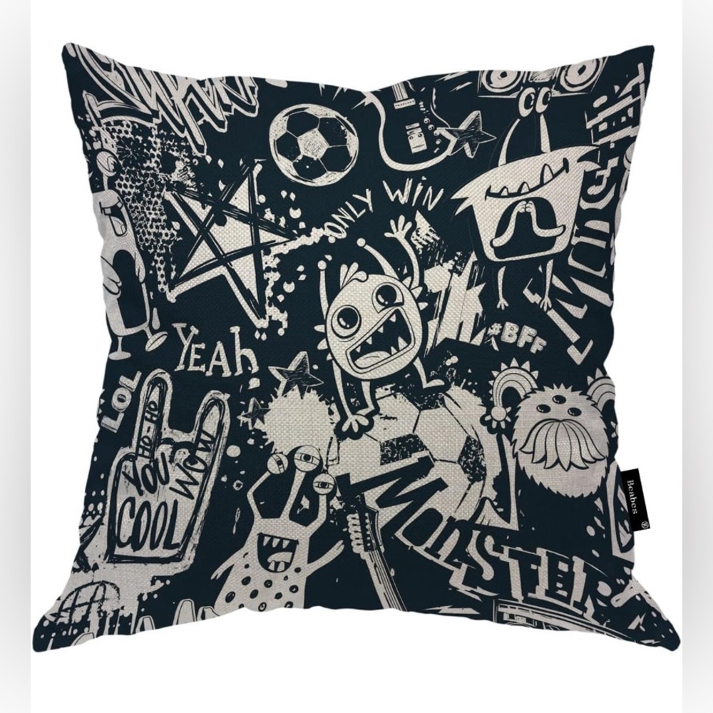 Graffiti Throw Pillow Cover,Monster Character Soccer Ball Soft Square Cushion